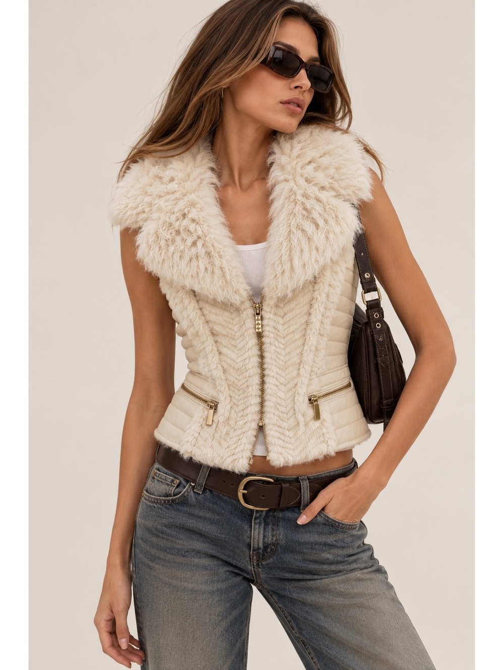GUESS Women’s M Ivory Faux Fur Vest Moto Vegan Leather Trim Gold Zip Y2K